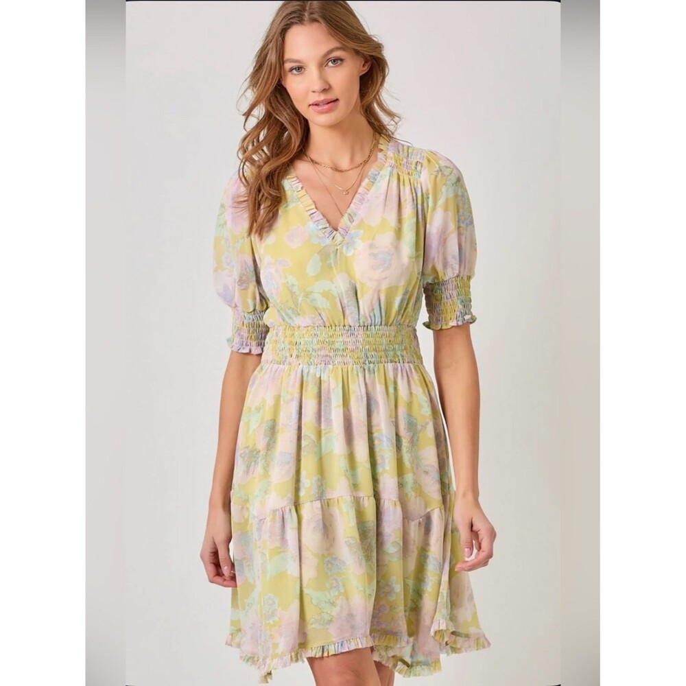 NWT Mystree Farrah Dress Ruffle Watercolor Pastel Floral Smocked Waist V-Neck M